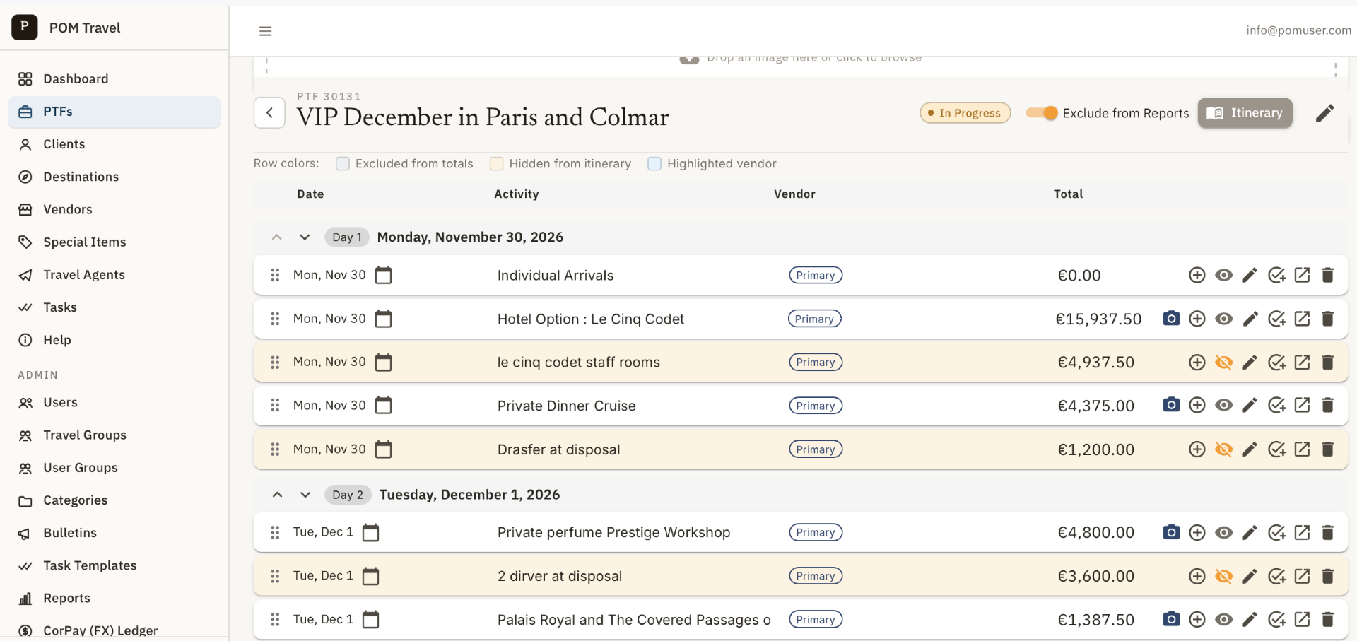 POM trip overview with itinerary details and financials